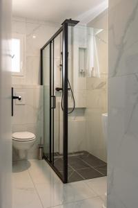 a bathroom with a toilet and a glass shower at ANNA : vue sur les vignes, spa exterieur, sans vis-a-vis in Goudargues +22 photos