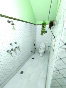 a bathroom with a toilet and a tiled wall at Divisha PG House Sharing Beds Only for boys in Bareilly