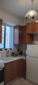 a kitchen with wooden cabinets and a white refrigerator at Athenian Asty Guesthouse in Athens