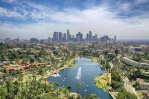 an aerial view of a river with a city at Spacious Resort Getaway @ Echo Park Ranch - Luxury indoor/ outdoor home steps from Sunset Blvd, Echo Park Lake, Dodgers Stadium in Los Angeles