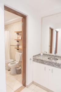 La salle de bains est pourvue de toilettes, d'un lavabo et d'un miroir. dans l'établissement Torre Alem 4 A, à San Miguel de Tucumán