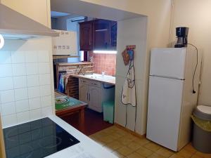 La cuisine est équipée d'un réfrigérateur blanc et d'un évier. dans l'établissement Le Gîte du Hérisson, Gîte de charme et de confort, à Le Menoux