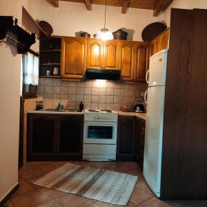 cocina con armarios de madera y nevera blanca en Kristi's Homes - ''Traditional Home'' in Dimitsana en Dhimitsana