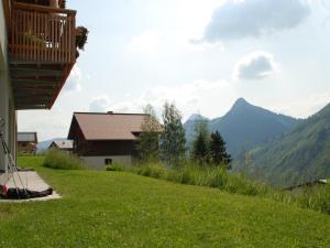 a grassy hill with a house and mountains in the background at Haus Montana in Damuls +12 photos