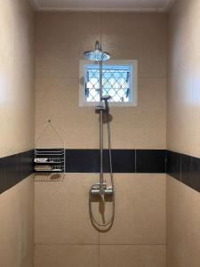 a shower in a bathroom with a window at Keris Rental Houses in Vaitele