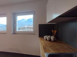 a kitchen with a window and a counter top at Dolomiti Brenta apartment da Gloria in Dercolo 