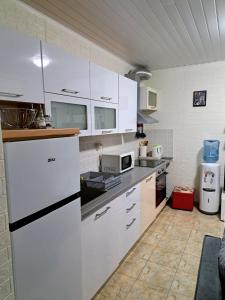 une cuisine avec des placards blancs et un comptoir dans l'établissement Apartman Marija Privlaka, à Privlaka