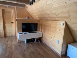 Zimmer mit einem TV an einer Holzwand in der Unterkunft Chata Dante in Liptovský Mikuláš