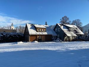 una casa está cubierta de nieve en un patio en Chata Dante en Liptovský Mikuláš