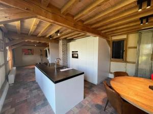 uma cozinha com um lavatório e uma mesa num quarto em Begijnhof 9 em Sint-Truiden