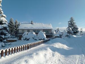 uma casa coberta de neve com uma cerca em Ubytování u Boženky em Destné v Orlických horách