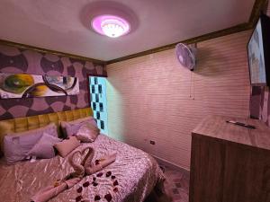 1 dormitorio con 1 cama con pared de color rosa en Hotel la Pampa en Alto Hospicio