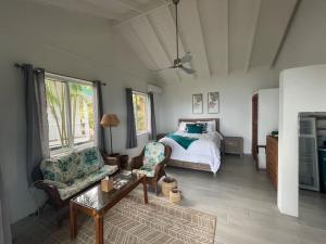 1 dormitorio con 1 cama, mesa y sillas en Modern 1 bed guesthouse with pool and ocean view, en Marigot