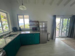 cocina con armarios verdes y nevera de acero inoxidable en Modern 1 bed guesthouse with pool and ocean view, en Marigot