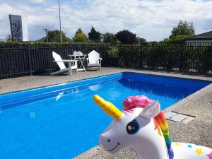 un unicorno giocattolo gonfiabile accanto alla piscina di 52 on Rifle Motel a Taupo