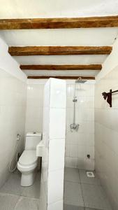 a white bathroom with a toilet and a shower at Cozy Lodge - Guesthouse in Jambiani
