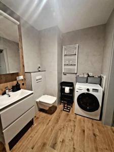 a bathroom with a sink and a washing machine at Apartament Drwęcka in Ostróda