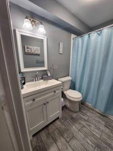 a bathroom with a sink and a toilet and a mirror at Blue Shark *B2* @ Bellaire 1BR King Apartment Near Medical Center in Houston