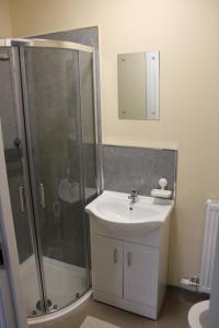ein Bad mit einem Waschbecken und einer Dusche in der Unterkunft Station Rooms in Londonderry County Borough