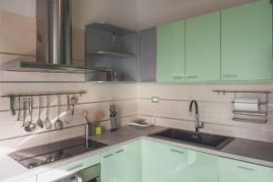 a kitchen with green cabinets and a sink at Penthouse Belvedere City View with Private Parking in Rijeka