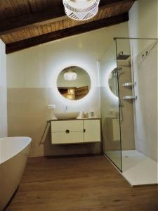 a bathroom with a sink and a glass shower at Casa Rural: La Tarara in Galinduste