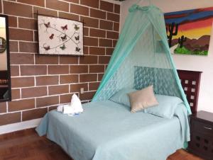 1 dormitorio con 1 cama con mosquitera en Temazcal Hospedaje "gema" adults only, en Tepoztlán