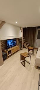 - un salon avec une télévision, un canapé et une table dans l'établissement Antares - SILS --- 2 chambres séparées en mezzanine, à Caen