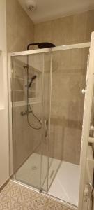 a shower with a glass door in a bathroom at Antares - SILS --- 2 chambres séparées en mezzanine in Caen