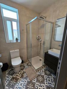 a bathroom with a shower and a toilet and a sink at Iris -Paola Modern Townhouse in Paola