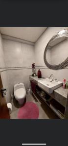 ein Badezimmer mit einem Waschbecken, einem WC und einem Spiegel in der Unterkunft HABITARE in La Paz