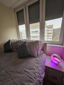 um quarto com uma cama com uma tigela rosa sobre uma mesa em Urban Loft em Salgótarján