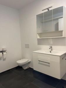a white bathroom with a toilet and a sink at The perfect Place 