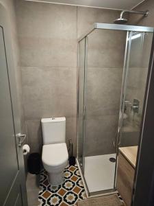 a small bathroom with a toilet and a shower at Dahlia apartment - Paola Modern Townhouse in Paola