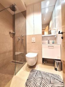 a bathroom with a toilet and a glass shower at Apartman Vuk, Apart hotel Zlatni javor in Jahorina