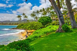 vistas a una playa con palmeras y a un edificio en Kapa'a Sands 08 en Kapaa