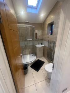 uma casa de banho com um chuveiro e um WC. em N8, Modern 2 bedroom Apartment em Londres