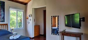 un soggiorno con TV a schermo piatto a parete di Tranquilidade e SPA em meio a muito verde a 45 min de SP a Cotia