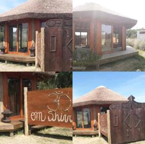 a collage of pictures of a small house with a thatch roof at Rico Pino eco posada in La Pedrera