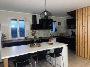 eine Küche mit einer weißen Arbeitsplatte und einigen Fenstern in der Unterkunft Appartement à 2 mins du centre in Sarlat-la-Canéda