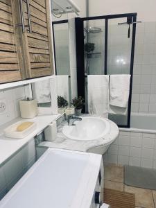 ein weißes Badezimmer mit einem Waschbecken und einem Spiegel in der Unterkunft Appartement à 2 mins du centre in Sarlat-la-Canéda