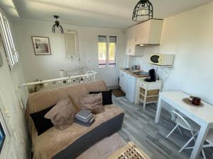 a living room with a couch and a kitchen at Studio Duplex Arcachon in Arcachon