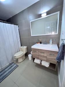 ein Badezimmer mit einem Waschbecken, einem WC und einem Spiegel in der Unterkunft Depas & Suites JUAREZ in Ciudad Juárez