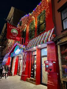 a street with christmas lights on the side of a building at moon lotus abode(月蓮居) in New York