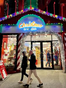 a couple walking in front of a christmas store at moon lotus abode(月蓮居) in New York