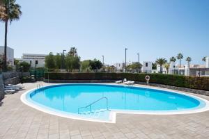 une grande piscine dans une cour avec des palmiers dans l'établissement Precioso apartamento en el centro de Las Américas a 100 metros de la playa, à Playa de las Americas