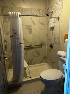 La salle de bains est pourvue d'un rideau de douche et de toilettes. dans l'établissement Red Roof Inn Santee, à Santee