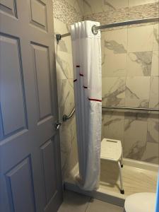 a shower with a white shower curtain in a bathroom at Red Roof Inn Santee in Santee