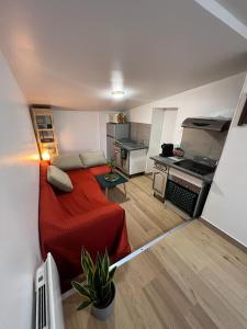 Cette petite chambre comprend un lit rouge et une cuisine. dans l'établissement Les Studios Parfaitement Imparfaits - Lens Louvre-Bollaert, à Lens