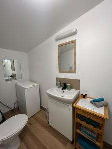 La salle de bains blanche est pourvue de toilettes et d'un lavabo. dans l'établissement Les Studios Parfaitement Imparfaits - Lens Louvre-Bollaert, à Lens