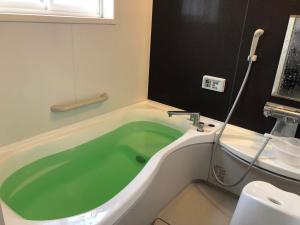 a green bath tub in a bathroom with a toilet at 日本文化を体験できるゲストハウス繭子の宿 in Hachinohe